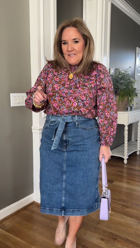 Great denim skirt to wear with all of your spring and summer tops. I am wearing a size 14. I would say it runs big. The waist is a little big for me, so go your smaller size. 
I added the self tie from the paper bag, waste jeans. I’ll link those two.
Blouse wearing a size large it’s the prettiest color and comes in solids and stripes. 

I love the horse bit buckle on these slides
You can use my code for 15% off one shop, Avara order NANETTE15

J.Crew factory spring outfit, Easter outfit 

#LTKover40 #LTKSeasonal #LTKmidsize