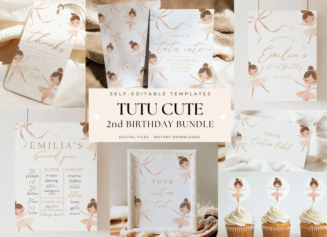 Tutu Cute Birthday Bundle Second Birthday Invitation Boho Tutu Cute Party Package 2nd Birthday In... | Etsy (US)