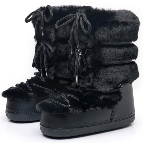 ZHENAIYISHENG Furry Faux Fur Boots for Women - Fuzzy Winter Snow Boots - Fluffy Black White Pink Lace-up Water-Resistant Platform Mid-Calf Boots (black, 4, 5) | Amazon (US)