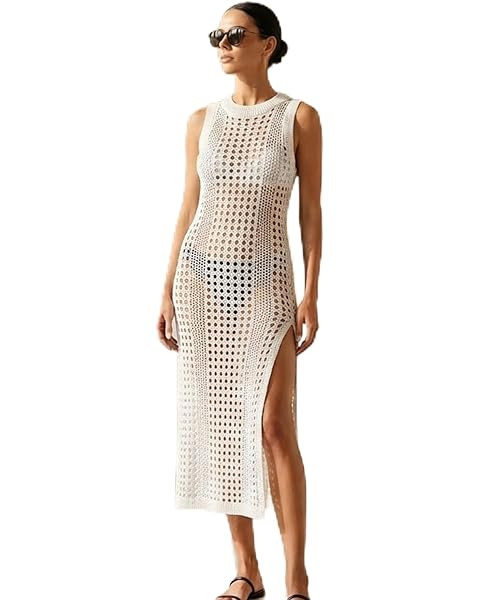 Saodimallsu Womens Crochet Swimsuit Coverup Summer Sleeveless Hollow Out Knit Crewneck Side Split... | Amazon (US)