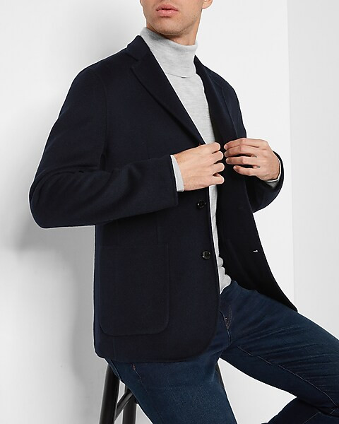 Slim Solid Blue Wool-blend Hand Finished Blazer | Express