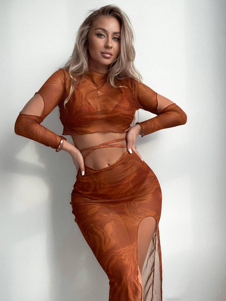 SHEIN X Yelly Gray 4pack Fluid Pattern Halter Bikini Swimsuit & Cover Up Top With Skirt Set | SHEIN