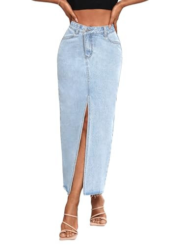 Womens Maxi Denim Skirt Front Split Frayed Raw Hem Long Jean Skirt Light Blue XS. | Amazon (US)