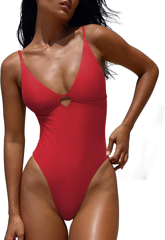 LASLULU Women's Sexy One Piece Swimsuits V Neck Padded Bathing Suit Modest Front Cutout Open Back... | Amazon (US)
