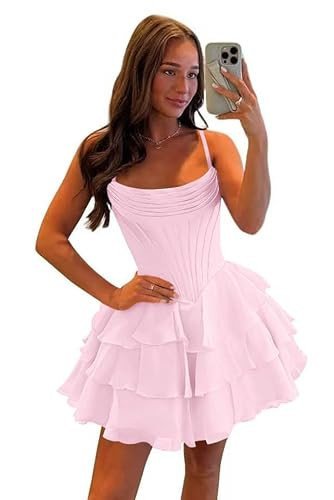 Fulbymu Floral Pink-A Prom Dresses for Teens 2026 Short Prom Dress Ruffle Tiered Cocktail Dress Spaghetti Straps Party Gowns 22 Plus | Amazon (US)