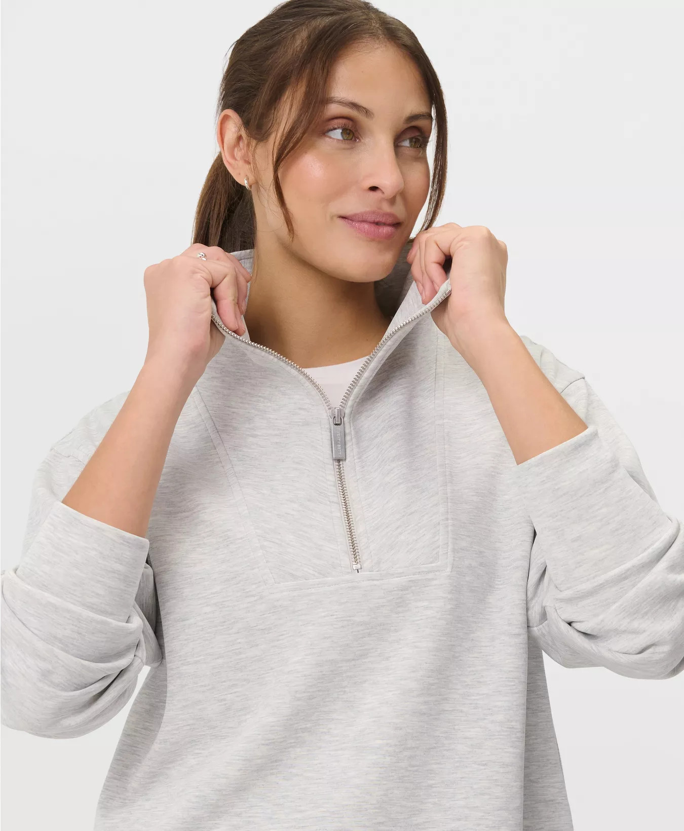 Sand Wash Half Zip Crop Sweatshirt  - Ice Grey Marl | Women's Jumpers + Hoodies | Sweaty Betty | Sweaty Betty UK
