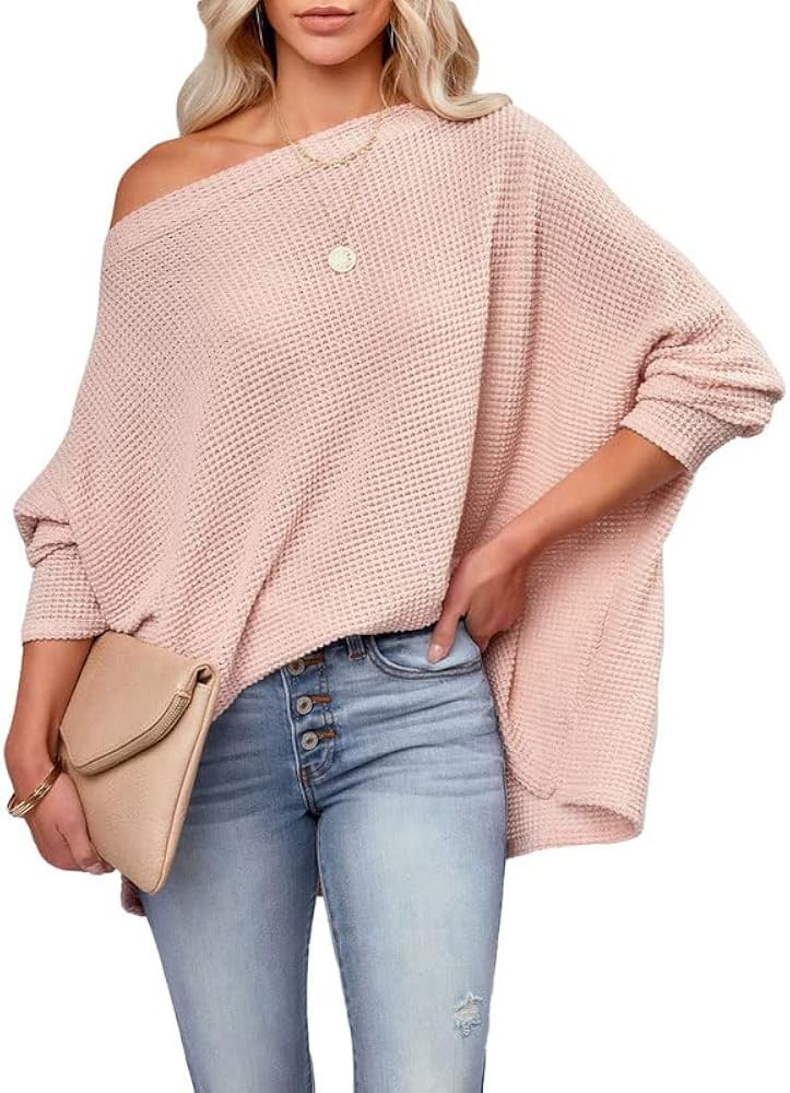 Dokotoo Women's Casual Boat Neck Off The Shoulder Long Sleeve Waffle Knit Loose Tunic Tops Blouse... | Amazon (US)