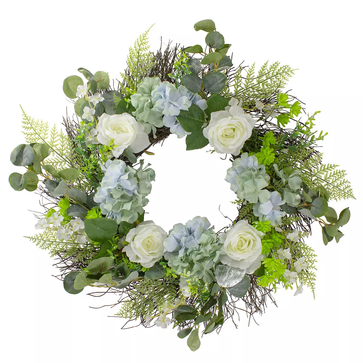 Hydrangea  Rose and Geranium Artificial Floral Spring Wreath  White and Blue - 24-Inch | Kohl's