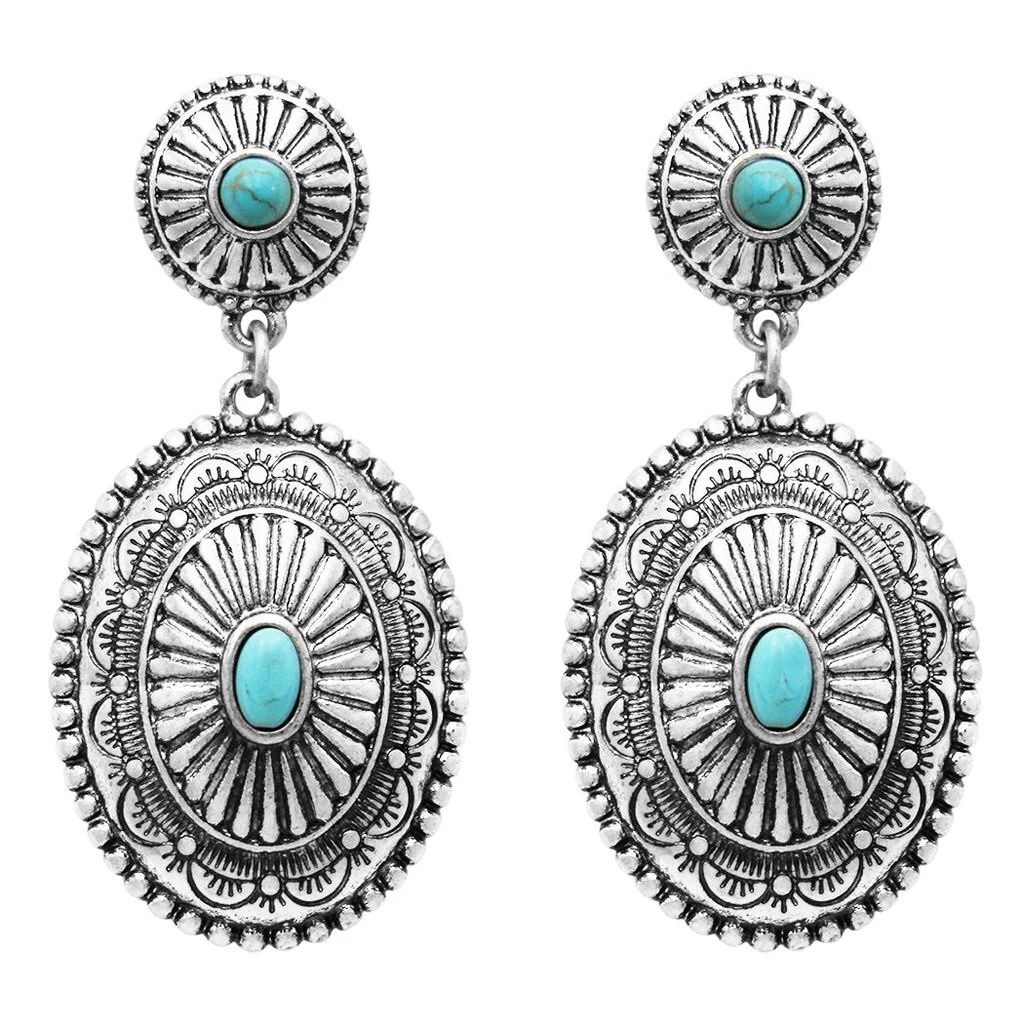 Women&#39;s Southwestern Navajo Double Concho Style Turquoise Dangle Drop Statement Earrings, 2&q... | Rosemarie Collections