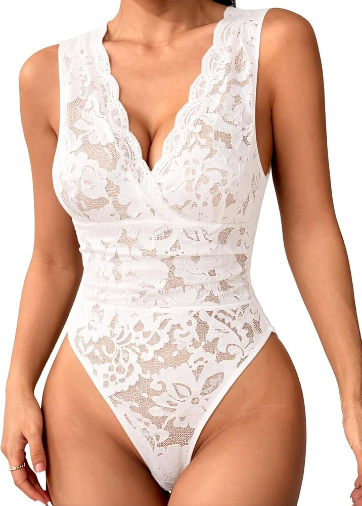 Women's Floral Lace Deep V Neck Bodysuit Ruched Sleeveless Bodysuit Leotard Top | Amazon (US)