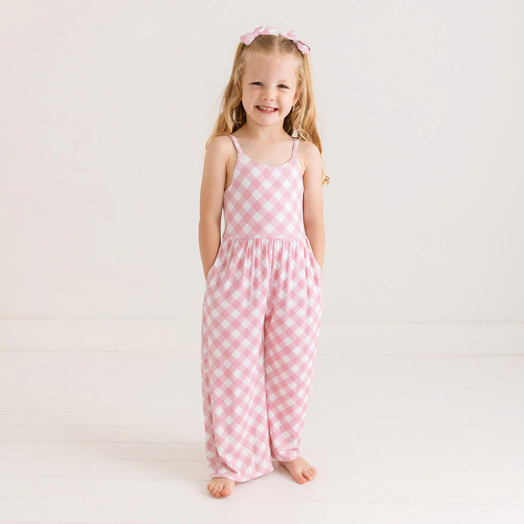 Vichy Check Pink Sleeveless Girls Wide Leg Jumpsuit | Dusty Rose Gingham | Posh Peanut