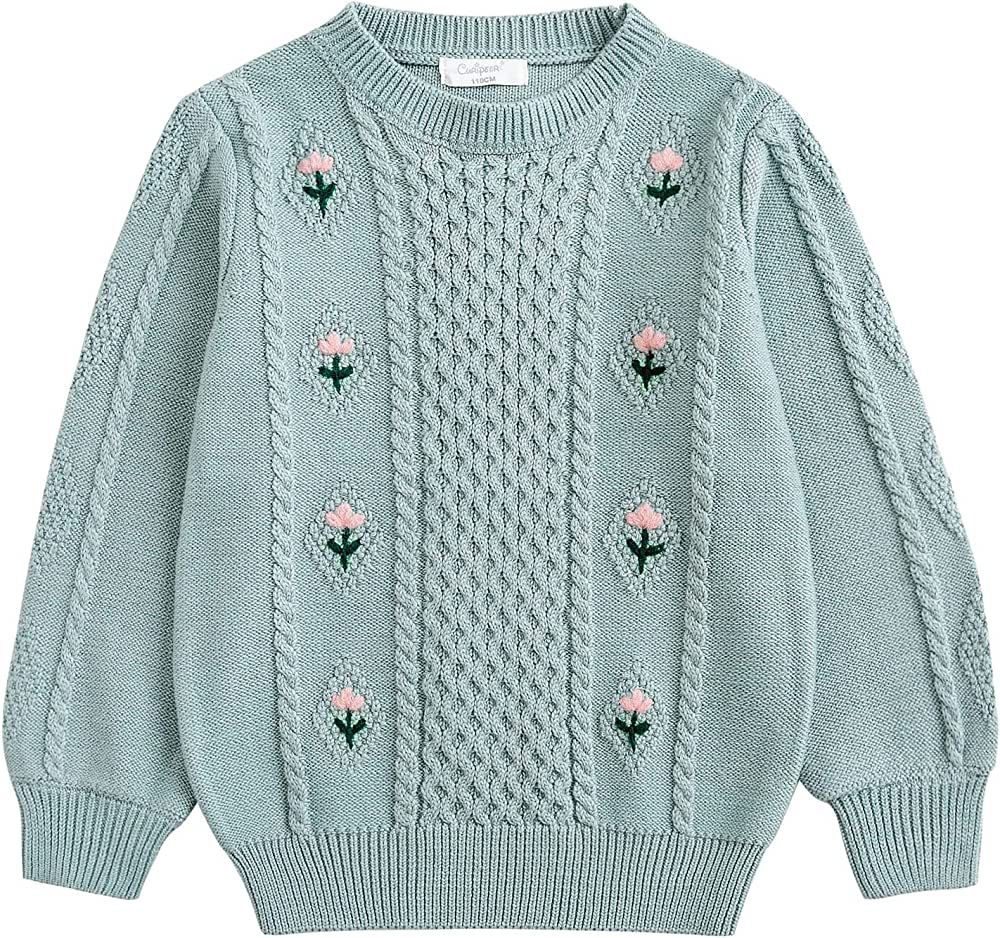 Curipeer Little Girls’ Knit Sweater Puff Sleeve Crew Neck Kids Pullover 2-9 Years | Amazon (US)