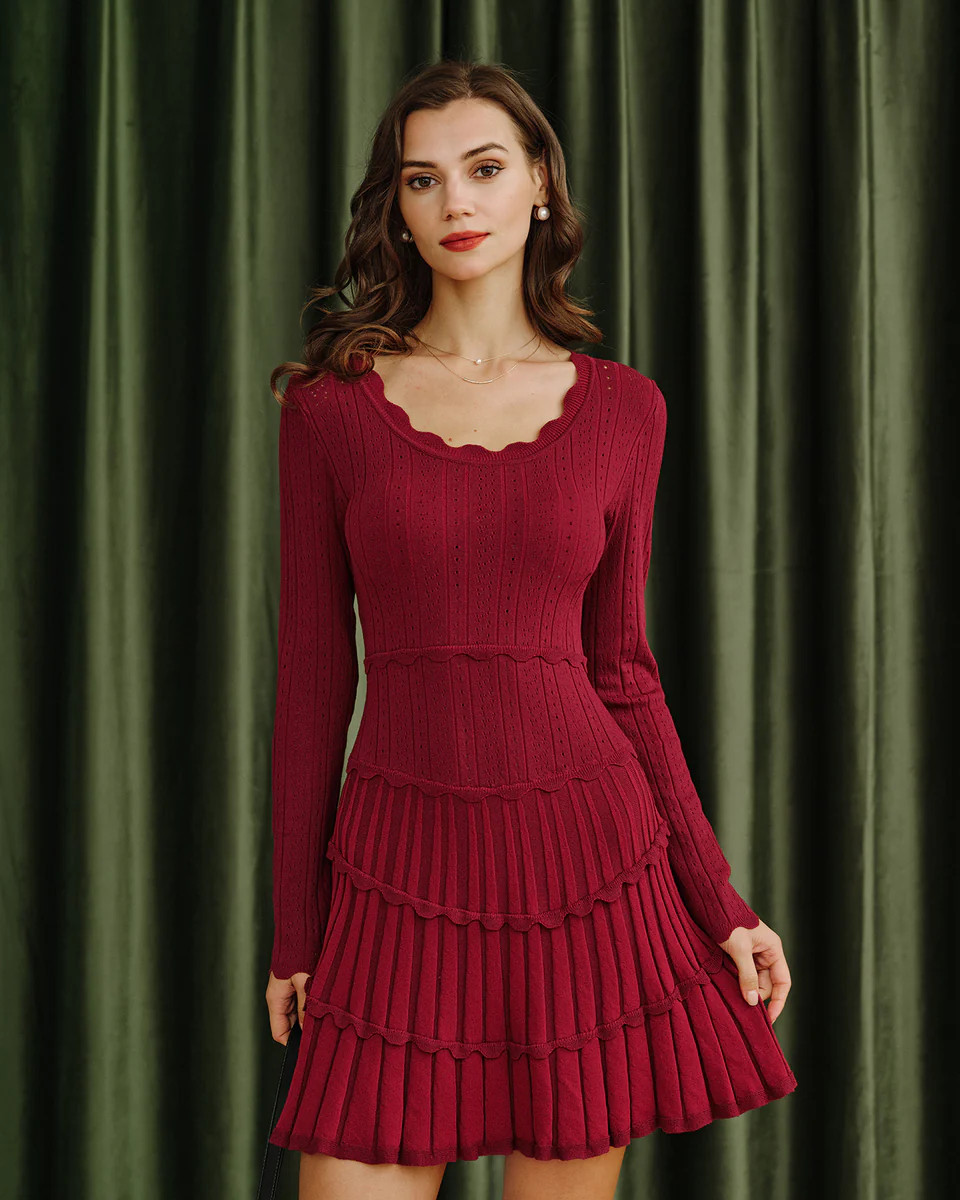 Wine Red Scalloped Viscose Sweater Dress | rihoas.com