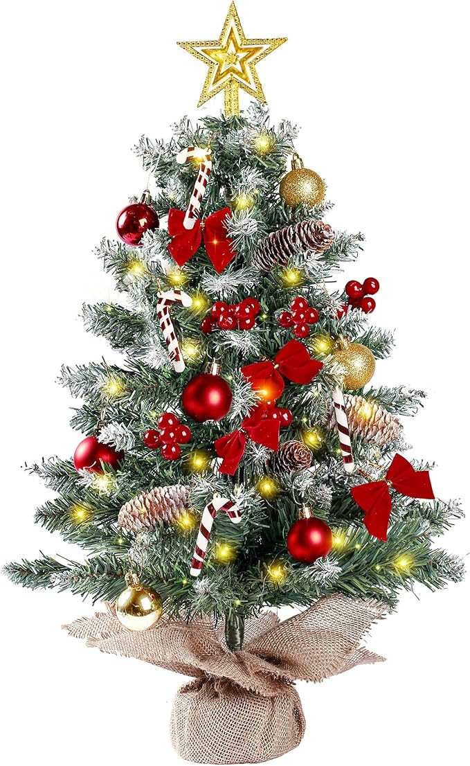 Sggvecsy 23.6’’ Mini Snow Frosted Christmas Tree Table Top Lighted Artificial Xmas Tree Star ... | Amazon (US)