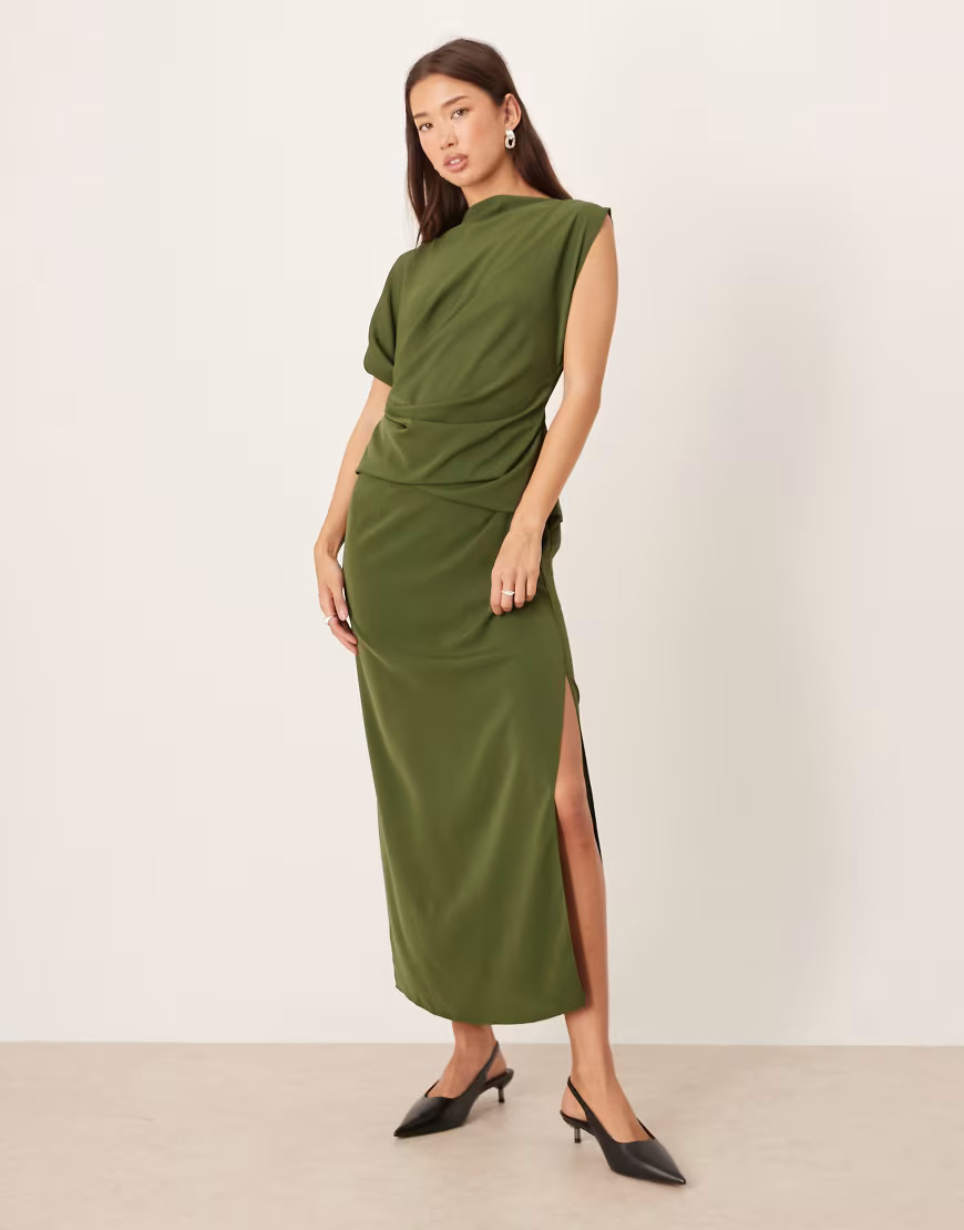 ASOS DESIGN high neck drapey pleated midi dress in olive-Green | ASOS (Global)