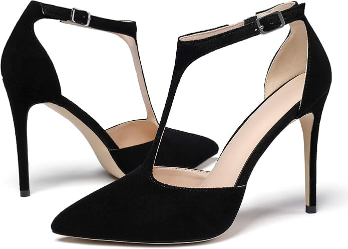 Sammitop Women's High Heel Ankle Strap Pumps T-bar Pointed Toe Dress Shoes Patent Leather Sandals | Amazon (US)