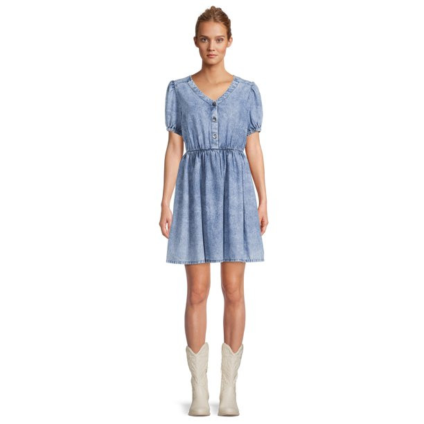 Time and Tru Women's Puff Sleeve Button Front Dress | Walmart (US)