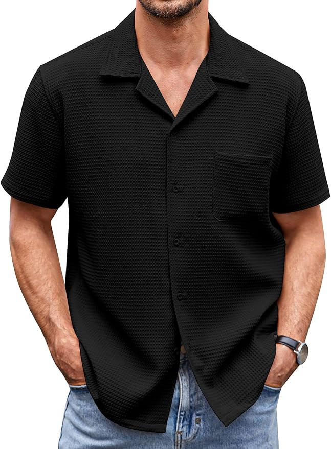 COOFANDY Men's Waffle Shirt Button Down Short Sleeve Shirt Loose Fit Cuban Beach Tops | Amazon (US)