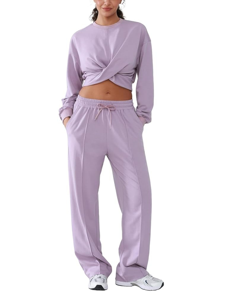 Women 2 Piece Outfits Long Sleeve Twist Front Cropped Sweatsuit High Waist Wide Leg Pants Lounge ... | Amazon (US)