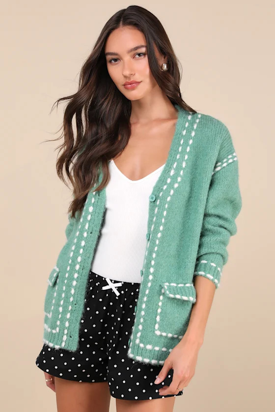 Cuddly Effect Green Contrast Stitched Cardigan Sweater | Lulus
