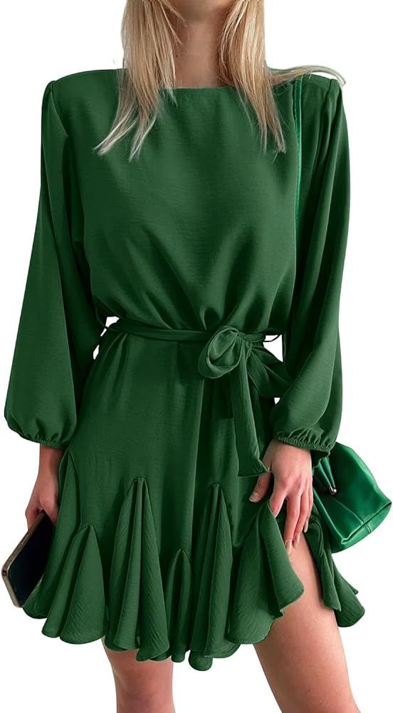 Flowyair Women's Elegant Long Sleeve Mini Dress Waist Tie Ruffle Hem Pleated Formal Party Dress | Amazon (US)