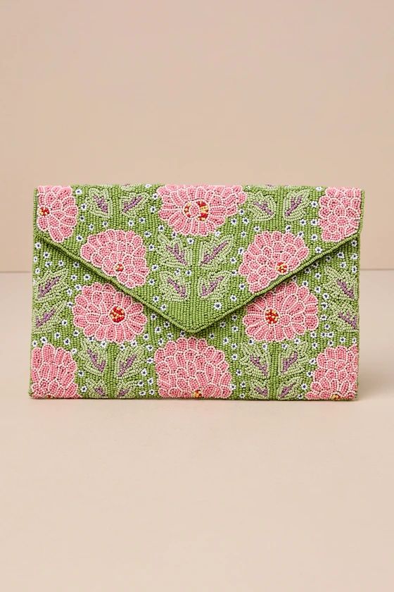 Prospering Presence Green Floral Beaded Envelope Clutch | Lulus