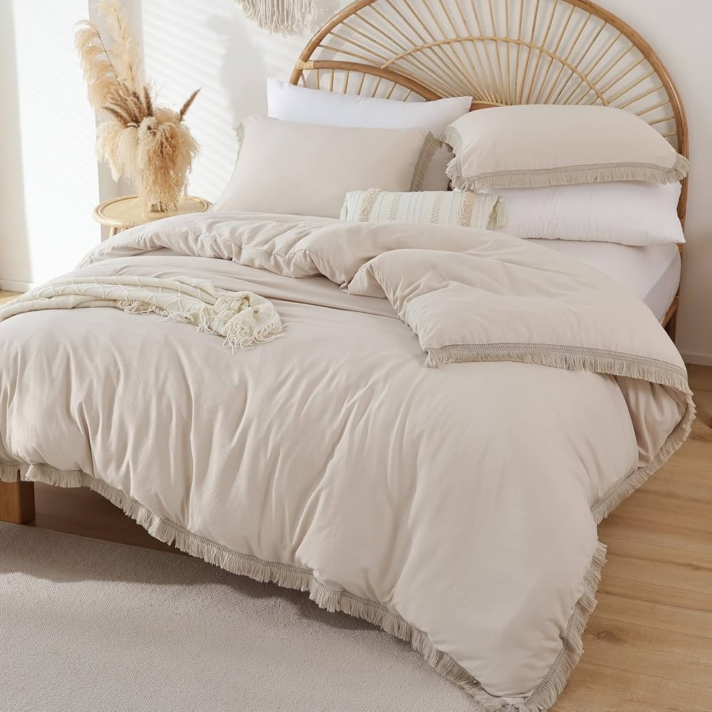 Smoofy Beige Comforter Set King Size, 3 Pcs Off White Boho Fringe Tufted Soft Microfiber Bedding ... | Amazon (US)