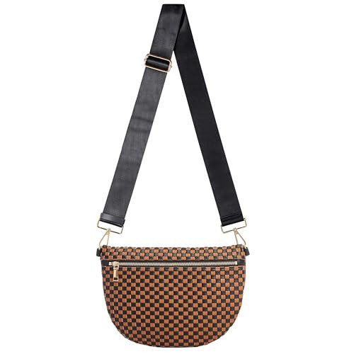Zyberion Woven Crossbody Bag for Women, Checkered PU Bum Bag Sling Purse with Adjustable Strap for Travel, Festivals (brown black) | Amazon (US)
