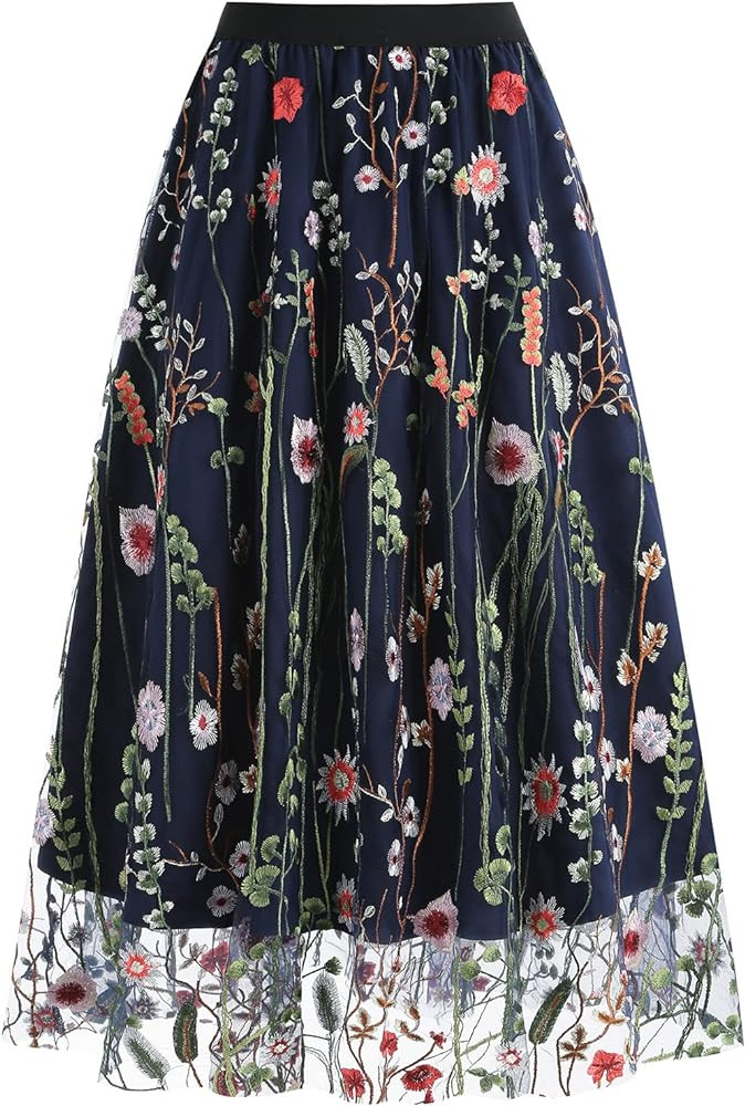 Women Vintage Floral Embroidered Tulle Midi Skirt 50s Party Elastic High Waist A-line Swing Skirt... | Amazon (US)