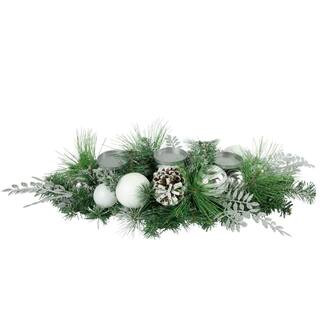 Northlight 30" Green Pine and Needle Triple Candle Holder with Pinecones and Christmas Ornam... | The Home Depot
