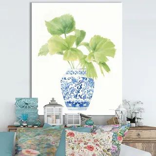 Designart 'Palm Chinoiserie White IV' Cottage Canvas Wall Art - Overstock - 29861771 | Bed Bath & Beyond