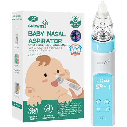 GROWNSY Nasal Aspirator for Baby with Protection Mode, Electric Nose Suction for Baby, Automatic Baby Nose Sucker with 3 Silicone Tips, Adjustable Suction Level, Music and Light Soothing Function | Amazon (US)