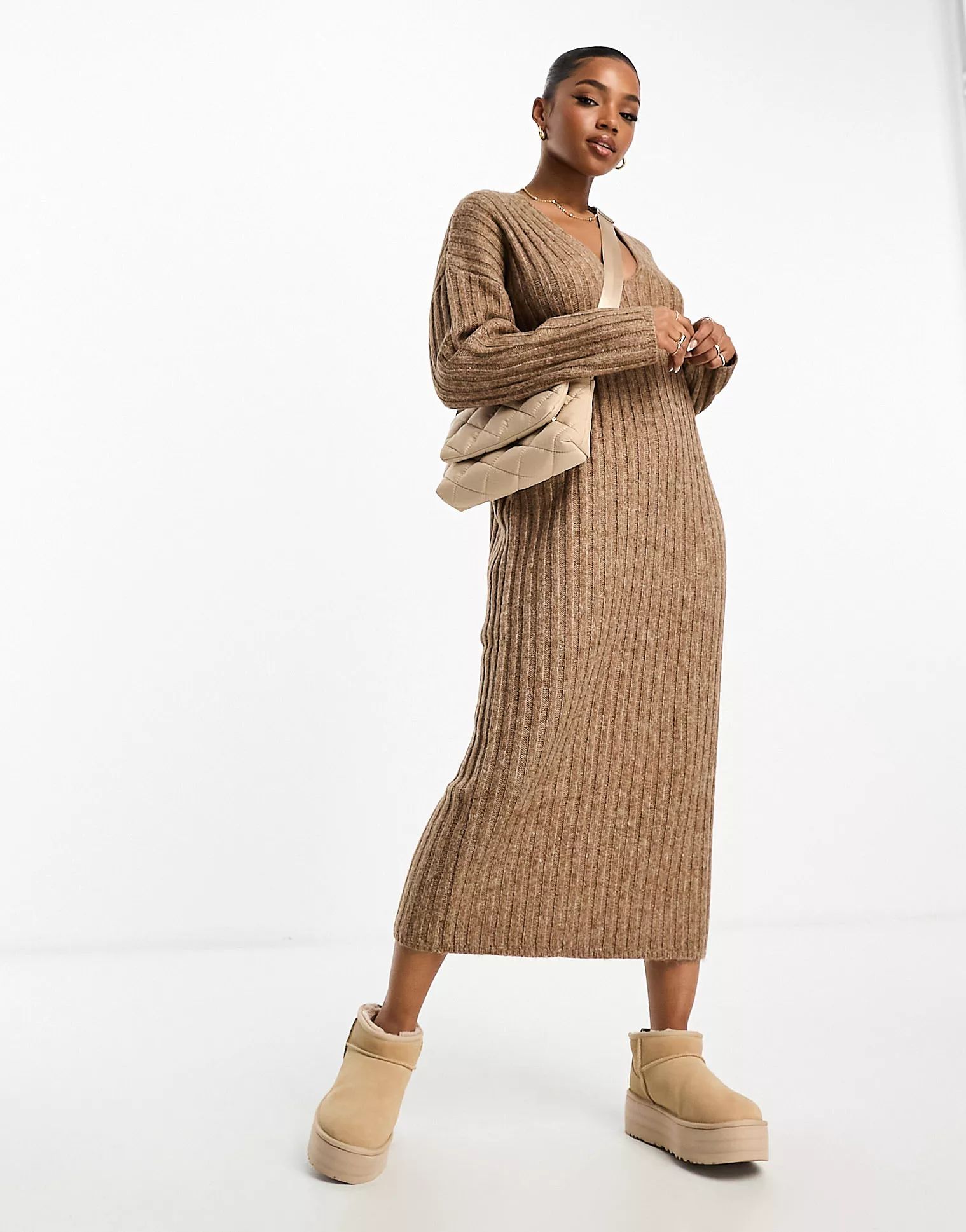 ASOS DESIGN knitted v neck maxi dress in rib in camel | ASOS (Global)