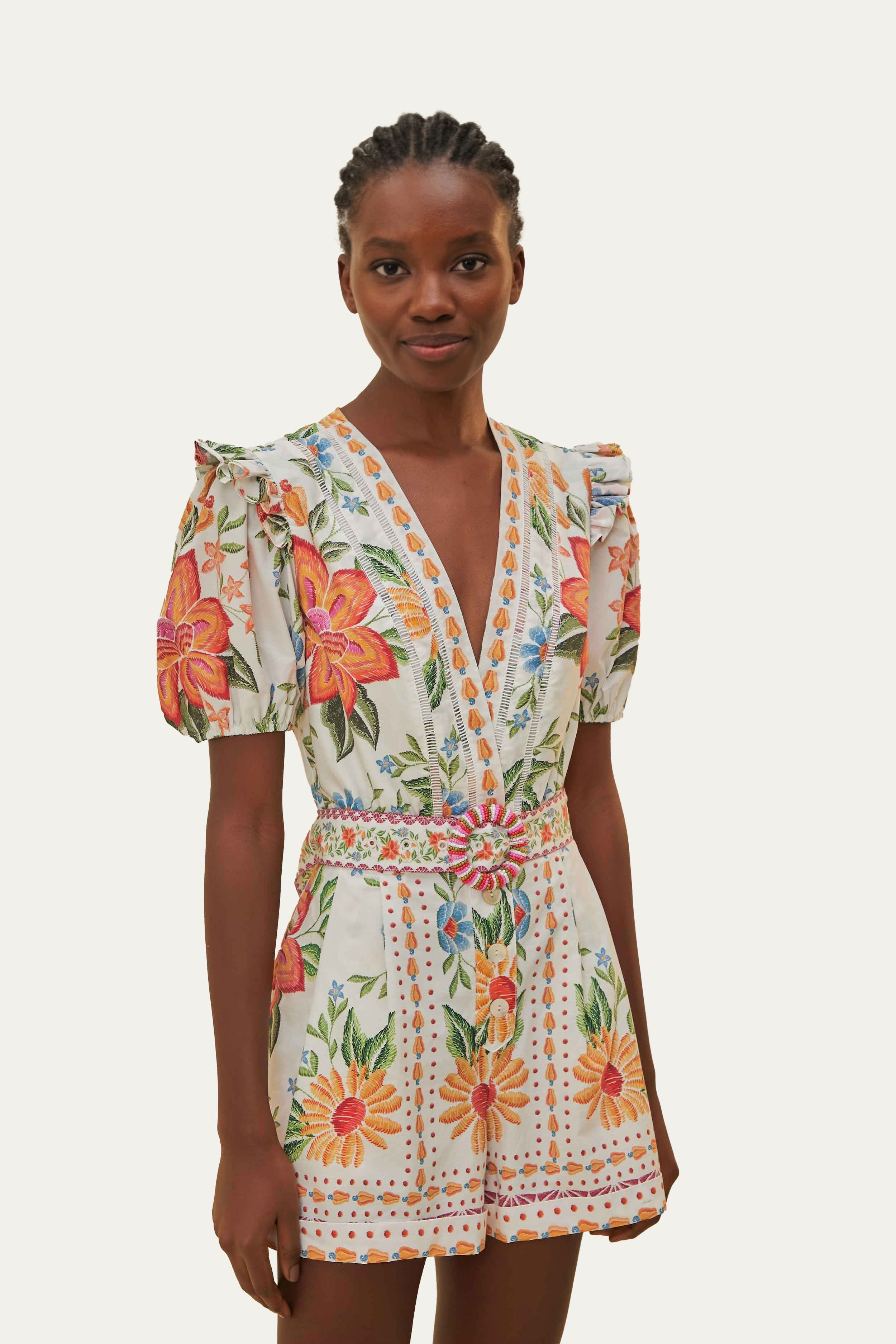 Off-White Bloom Garden LENZING™ ECOVERO™ Euroflax™ Romper | FarmRio (US)