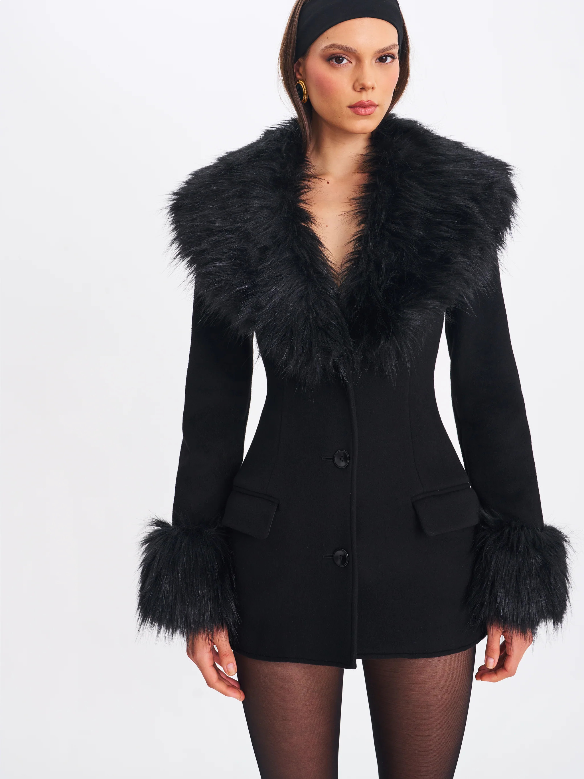 Hailee Black Single Breasted Wool Blend Mini Coat with Removable Fur Lapel | Miss Circle