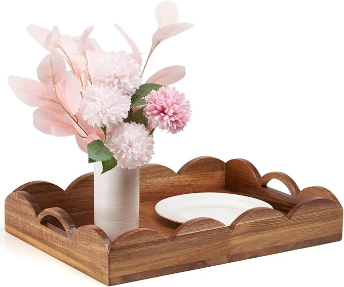 Wooden Scalloped Serving Tray - Rectangle Wood Tray with Handles,15.7×11.8 inch Acacia Wood Serv... | Amazon (US)
