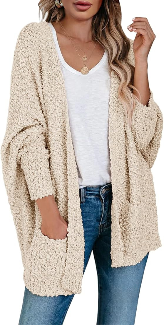 Saodimallsu Women's Chunky Popcorn Cardigan Oversized Open Front Boyfriend Batwing Long Sleeve Fuzzy | Amazon (US)
