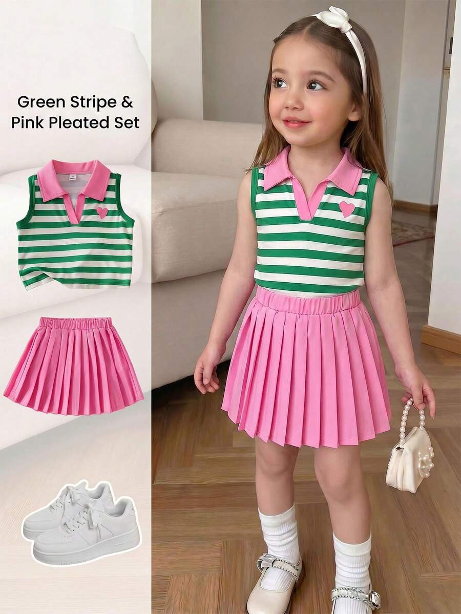 Elladie kids Girls' 2pcs Set Preppy Style Heart Print Lapel Sleeveless Tank Top And Webbing Trim ... | SHEIN