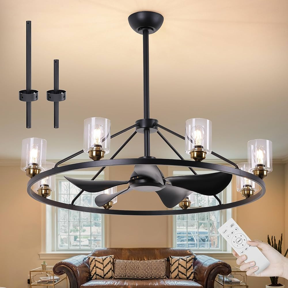 44'' Ceiling Fan with Light Wagon Wheel Chandelier, Large Farmhouse Fandelier Light Fixture with ... | Amazon (US)