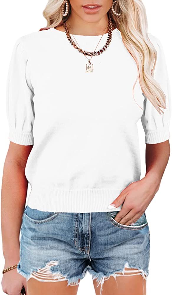 MACNOORA Womens Puff Short Sleeve Sweater Tops Crewneck Basic Knit Pullover Lightweight Solid Cas... | Amazon (US)