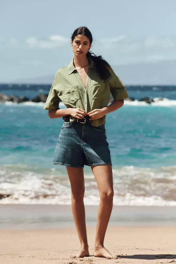 Linen shirt. Lapel collar with V-neck and short sleeves. Front patch pockets. Front button closur... | Zara US