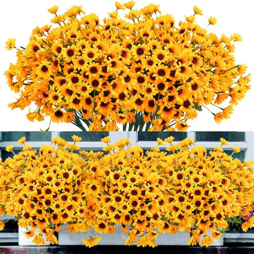 obbsie 12PCS Silk Sunflowers Artificial Flowers Bulk, Fake Sunflowers with 24 Small Daisy Mums Flowers for Outdoors Home Office Centerpiece Window Porch Hanging Planter Fall Décor (Yellow) | Amazon (US)