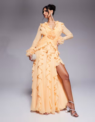 ASOS LUXE organza long sleeve exaggerated ruffle maxi dress in Apricot | ASOS (Global)