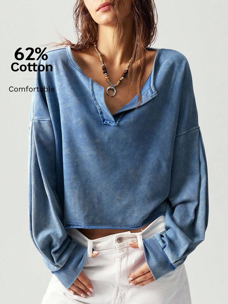 Bohemela 1pc Women Solid Color V-Neck Knit Long Sleeve Loose Pullover Sweatshirt,Long Sleeve Tops In Fall/Winter | SHEIN