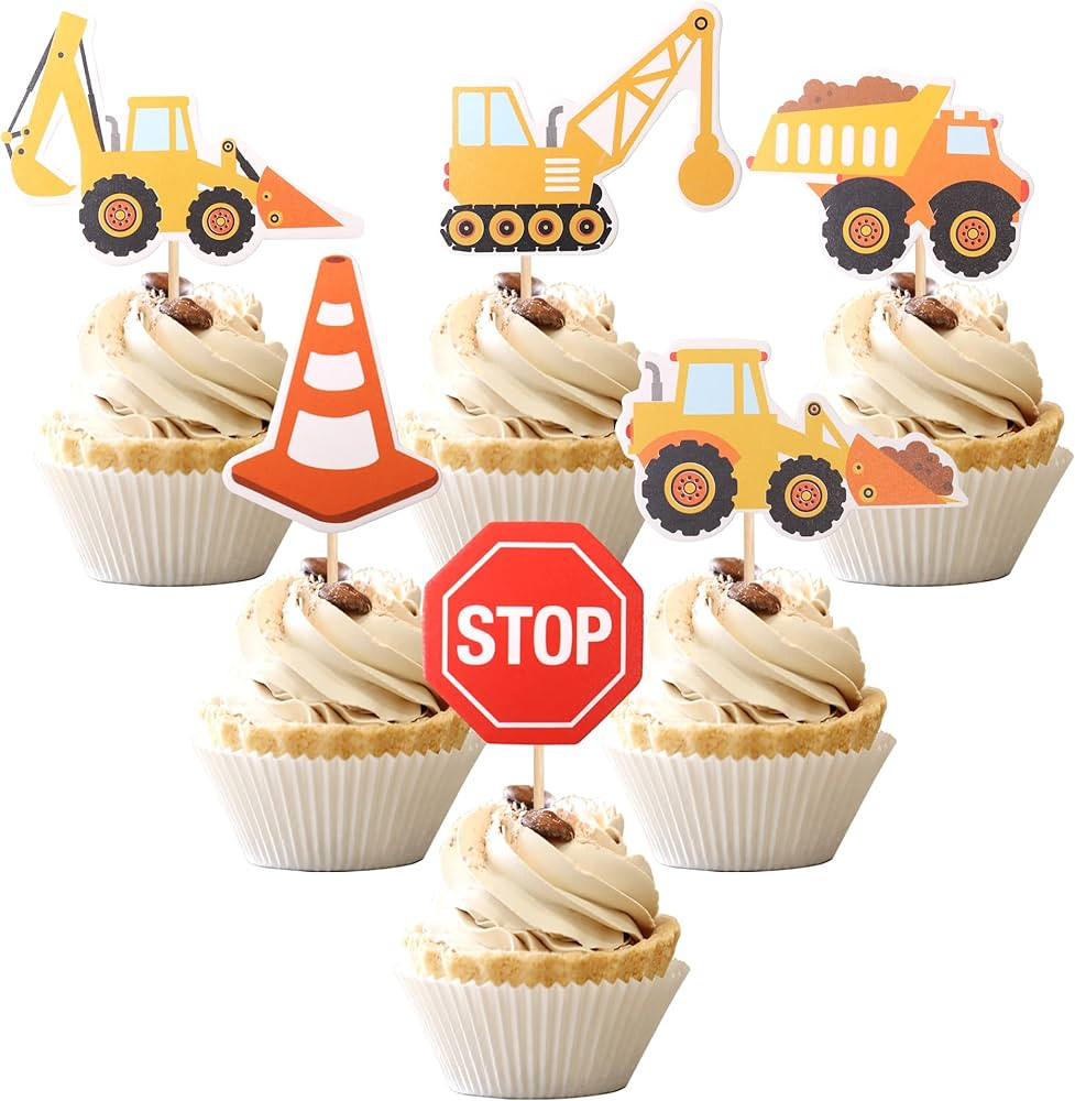 36 PCS Construction Cupcake Toppers Stop Sign Dump Truck Excavator Tractor Party Cake Food Picks ... | Amazon (US)