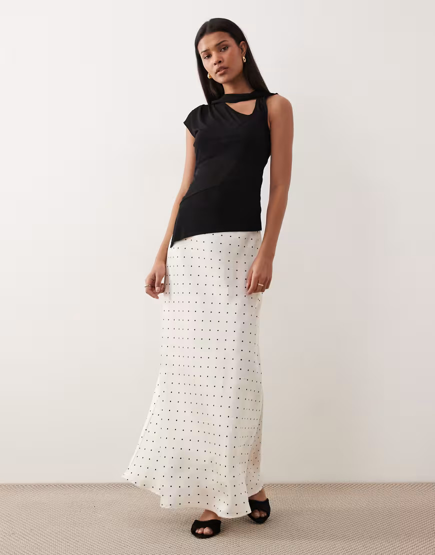 Vila satin polka dot midi skirt in white and black | ASOS (Global)