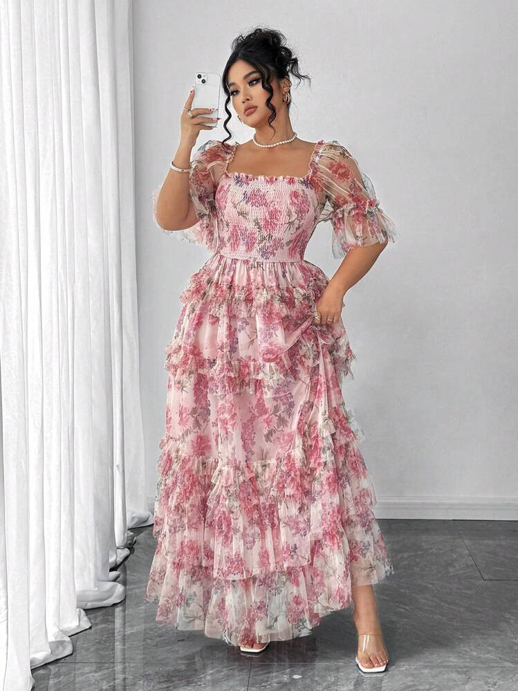 Elenzga Plus Size Women Elegant Romantic Floral Print Mesh Inlay Knitted New Dress, Sundress, Tea Party , Easter Dress, Spring Break, Cocktail Party Women Dresses Birthday Women Birthday Women Casual Dress Women Clothes Women Summer Clothing | SHEIN