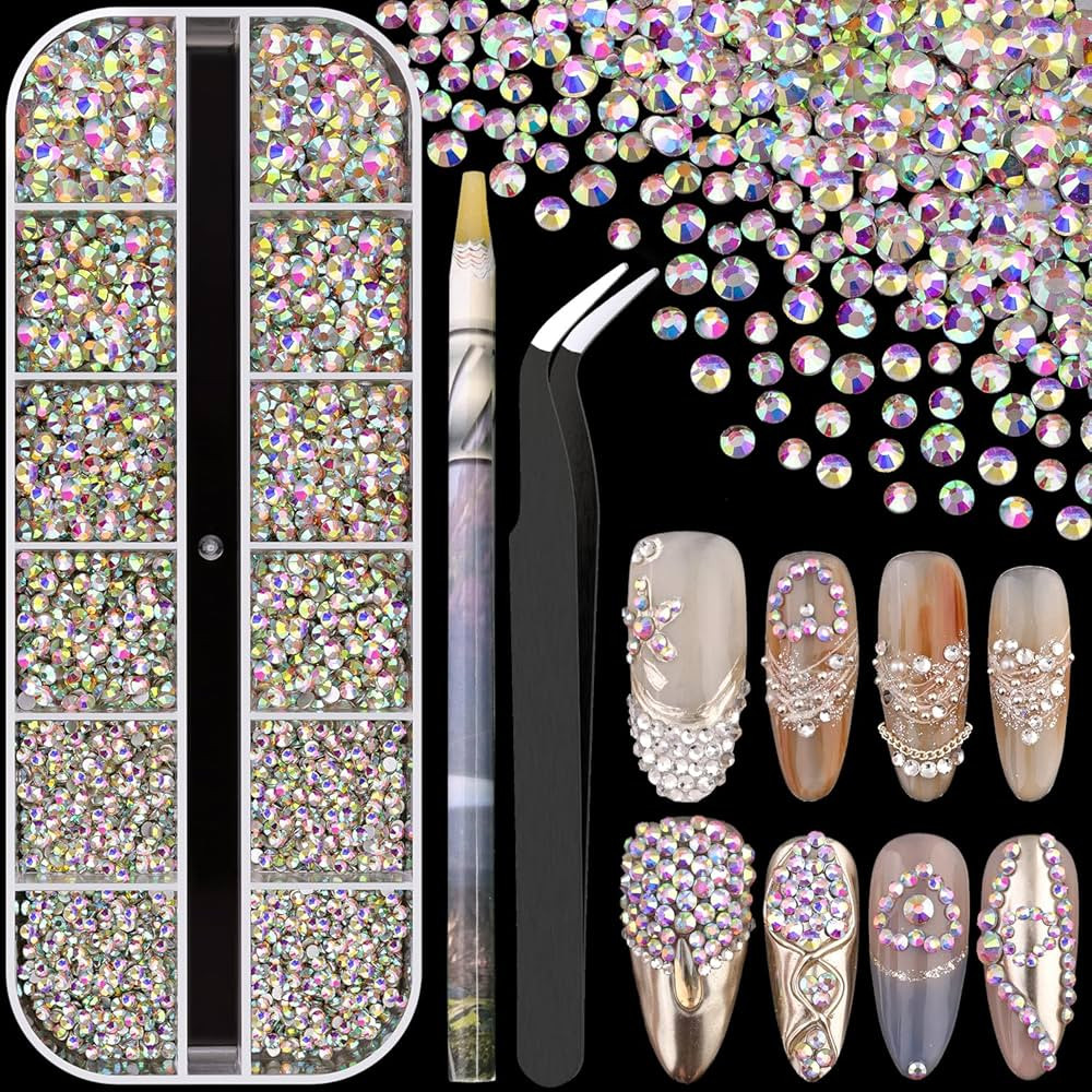 3600pcs Glass AB Nail Rhinestones 6 Sizes(1.8/2/2.4/2.8/3/4mm) Flatback Crystal Nail Charms Jewel... | Amazon (US)