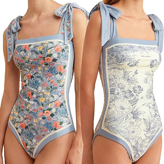 Women Floral One Piece Swimsuits, Reversible Tie Shoulder Monokini, Tummy Control Bathing Suits, ... | Amazon (US)