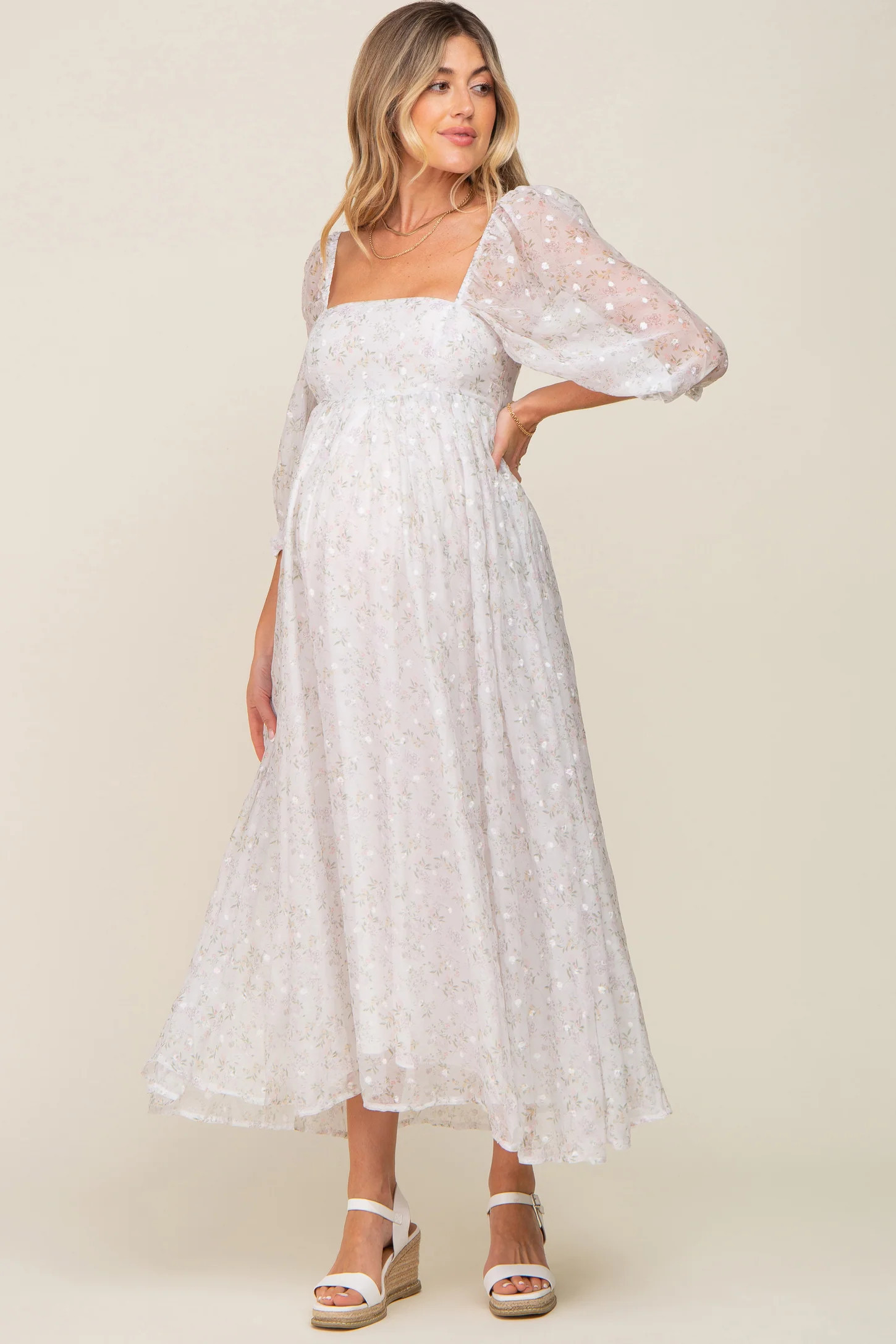 Silver Floral Square Neck Puff Sleeve Organza Maternity Maxi Dress | PinkBlush Maternity